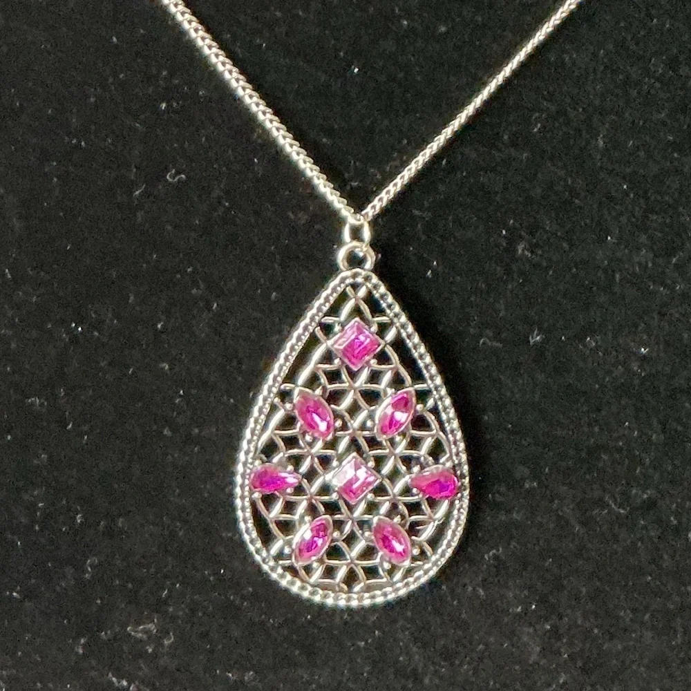 Pink Silver Tone Long Pendant Necklace